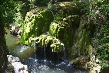 Bigar waterfall in Romania. Rock covered in green grass moss waterfall