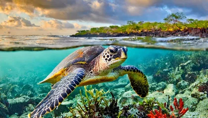 Fotobehang Sea turtle under the water © Semih Photo