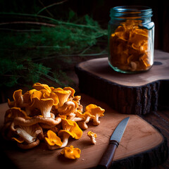 Chanterelles, delicious fresh orange forest mushrooms, close-up, healthy food - obrazy, fototapety, plakaty
