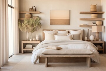 Fototapeta na wymiar Desert Retreat Tranquil Oasis: Neutral Color Palette Bedroom Designs with Soft Beiges and Earthy Decor