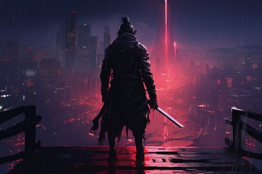 futuristic samurai standing on a building in cyberpunk city at rainy night
