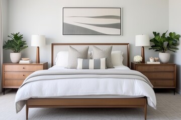 Neutral Color Palette Bedroom Designs: Mid-Century Modern Chic with Wooden Nightstands