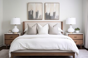 Neutral Color Palette Mid-Century Modern Bedroom: Retro Charm with Clean Lines and Wooden Nightstands