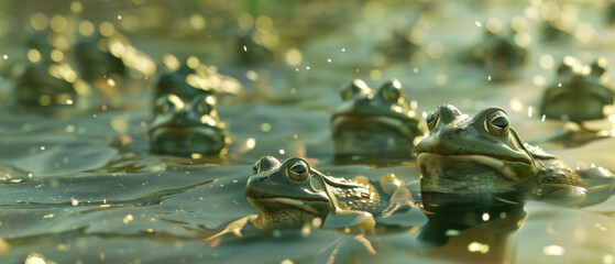 Frogs lounge in a pond, their relaxed postures mirroring the tranquil natural world they inhabit - obrazy, fototapety, plakaty