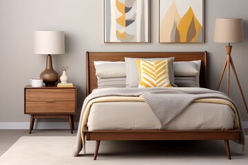 Mid-Century Modern Neutral Color Palette Bedroom Designs with Wooden Nightstands
