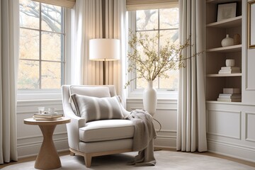 Neutral Color Palette Bedroom Design: Sunny Bay Window Serenity - obrazy, fototapety, plakaty