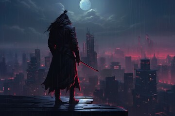 futuristic samurai standing on a building in cyberpunk city at rainy night - obrazy, fototapety, plakaty