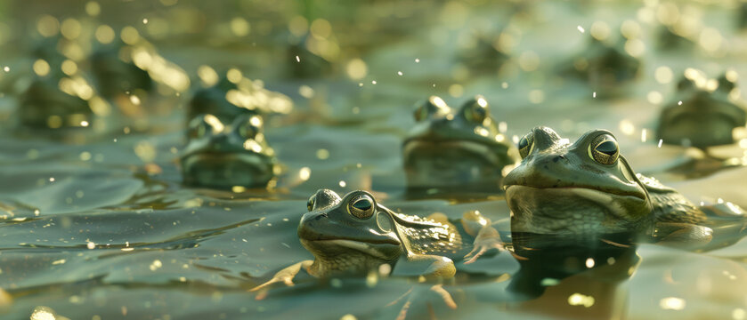 Frogs lounge in a pond, their relaxed postures mirroring the tranquil natural world they inhabit