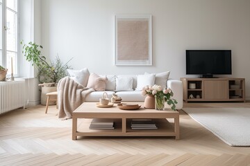 Fototapeta na wymiar Nordic Living Area: Herringbone Wooden Floor and Minimalist Vibes with Wooden Coffee Table and Rug