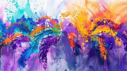 festive mardi gras digital watercolor background with abstract splash art for vibrant party and holiday decoration - obrazy, fototapety, plakaty