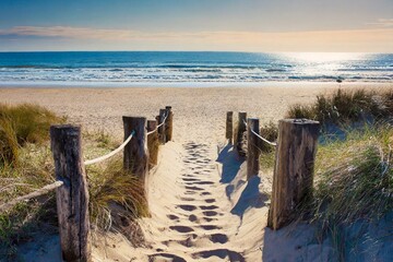 Path way sand along Ocean beach on summer day coast
