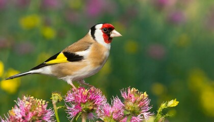 Goldfinch, Carduelis carduelis, songbird on flower