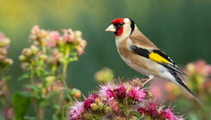 Goldfinch, Carduelis carduelis, songbird on flower