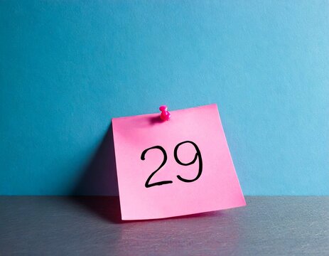Pink note on blue wall background with text written February 29 for reminder years for leap year day