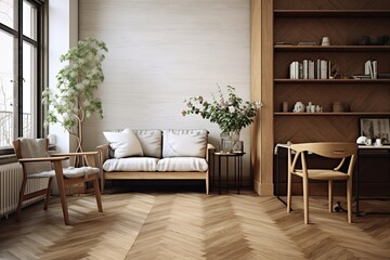 Nordic Style Living Room: Herringbone Wooden Floor & Modern Ambiance