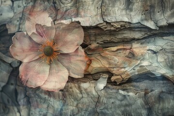 A close-up of a flower superimposed with the texture of tree bark in a double exposure