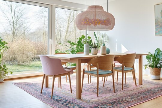 Oriental Rugs Finesse in Modern Dining Room Setting with Wooden Table, Pastel Chairs, and Pendant Light