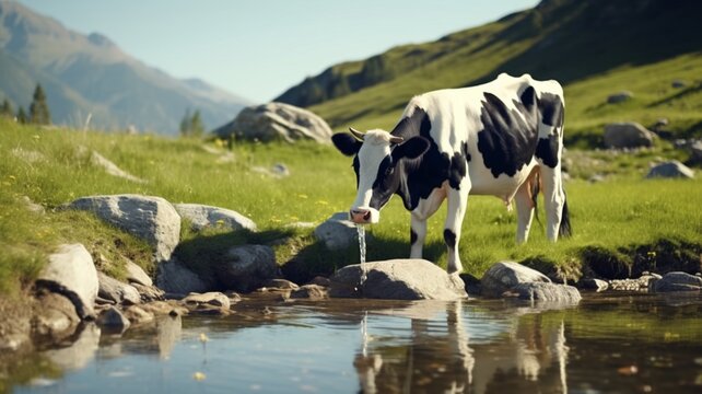 A Cow is drinking water Generated AI photo