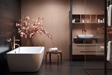 Rose Gold Accents Meet Scandinavian Vibes: Bathroom Design with Leather Seats and Wooden Decor