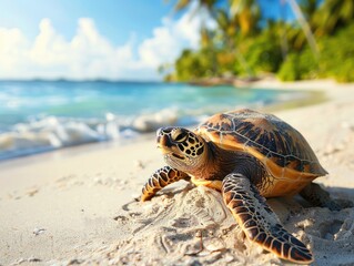 Cute turtle in coconut shell on sandy beach