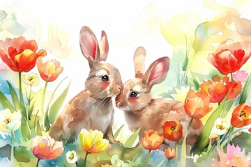 Two rabbits among spring tulips. Spring, springtime holiday. Easter celebration concept. Cute bunny character. Watercolor illustration for invitation, greeting card 