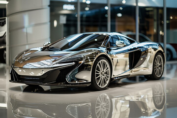 expensive silver car in a display room