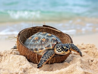 Cute turtle in coconut shell on sandy beach