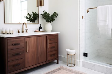 Rose Gold Modern Bathroom: White Walls, Wooden Cabinet, Cozy Rug Vibe