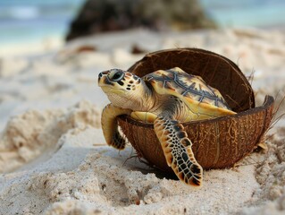 Cute turtle in coconut shell on sandy beach