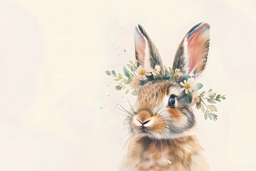 Rabbit with floral wreath on head on beige background. Spring holiday. Easter celebration concept. Cute bunny character. Watercolor illustration for invitation, greeting card with copy space
