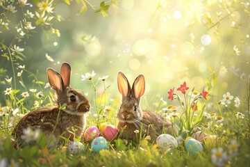 Fototapeta na wymiar Two rabbits with Easter eggs in a spring meadow. Spring and springtime holiday. Easter celebration concept. Cute bunny character. Design for invitation, greeting card, banner with copy space