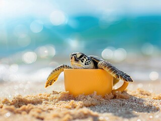 Cute turtle in cup on sandy beach resolution