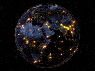 glowing planet with yellow network connecting cities on black background