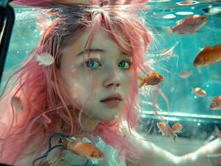 Surreal underwater car ride with pink-haired girl and fish