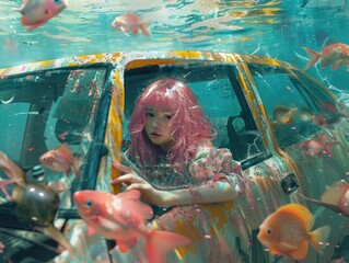 Surreal underwater car ride with pink-haired girl and fish