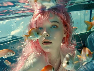 Surreal underwater car ride with pink-haired girl and fish