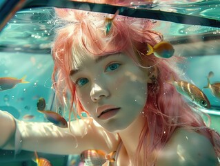Surreal underwater car ride with pink-haired girl and fish