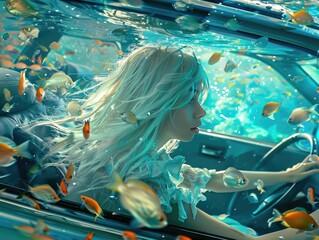 Surreal underwater car ride with white-haired girl and fish