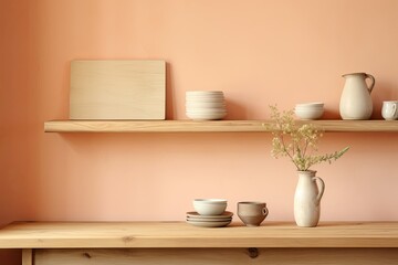 Fototapeta na wymiar Rustic Minimalism: Soft Peach Walls & Wooden Elegance Kitchen Decor
