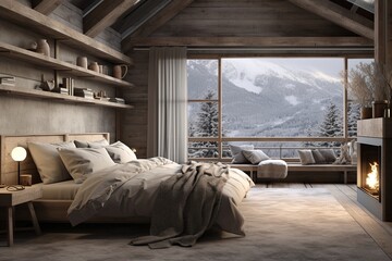 Mountain Lodge Retreat: Rustic Alpine Bedroom Designs in Soft Greys and Cozy Blankets