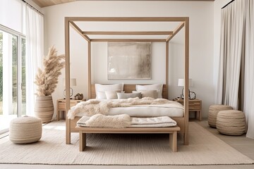 Canopy Dreams: Serene Scandinavian Bedroom with Wood Decor, Rug, and Pendant Light