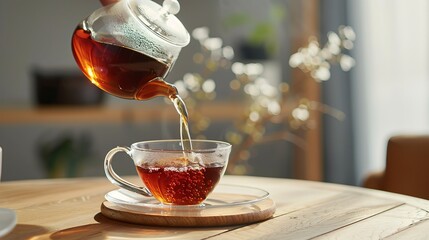black tea being poured onto a hardwood table in a glass cup. - obrazy, fototapety, plakaty