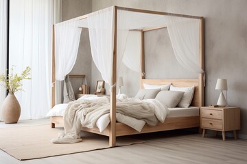 Scandinavian Canopy Bedroom: Minimalist Wood Accents & Cozy Textiles Inspo