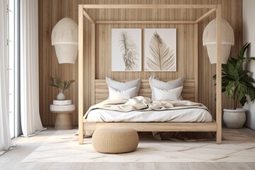 Canopy Bed Serenity: Scandinavian Bedroom with Wood Decor, Rug, and Pendant Light