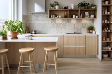 Scandinavian Kitchen Dreams: Mosaic Tile Backsplash Ideas with Minimalist Touch, Wooden Island, and Indoor Plants