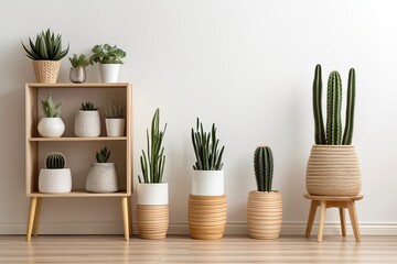Scandinavian Cactus Decors & Succulent Pots in Minimalist Room with Wooden Floor