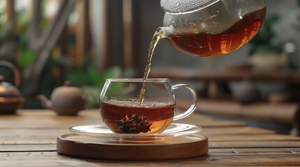 black tea being poured onto a hardwood table in a glass cup.