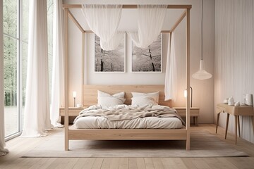 Serene Scandinavian Bedroom: Canopy Bed Wooden Decor Inspirations