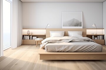 Fototapeta na wymiar Nordic Simplicity: Light Wood & White Linens Bedroom Designs for a Fresh Scandinavian Touch