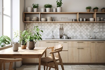 Scandinavian Kitchen: Mosaic Tile Backsplash & Wooden Island with Minimalist Touch and Indoor Plants